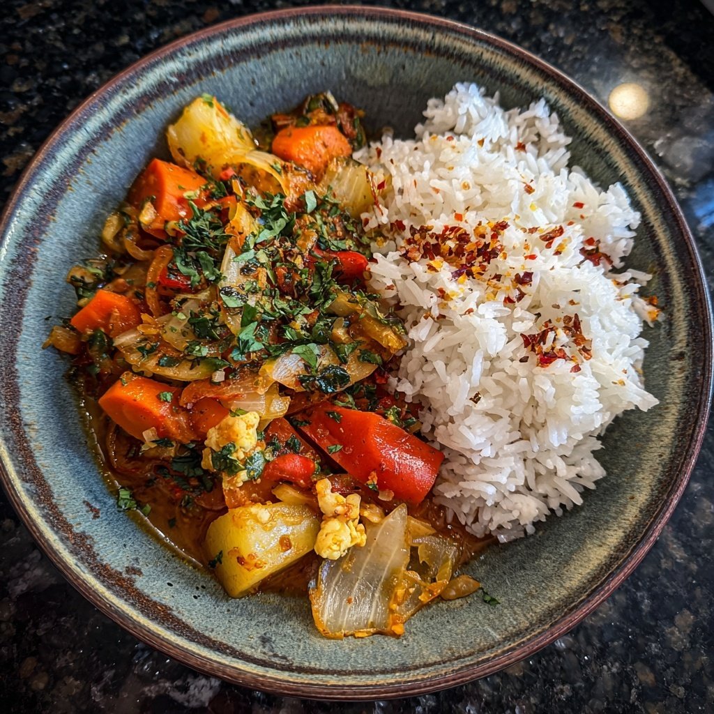 Abendessen mit Gemüsepfanne und Reis